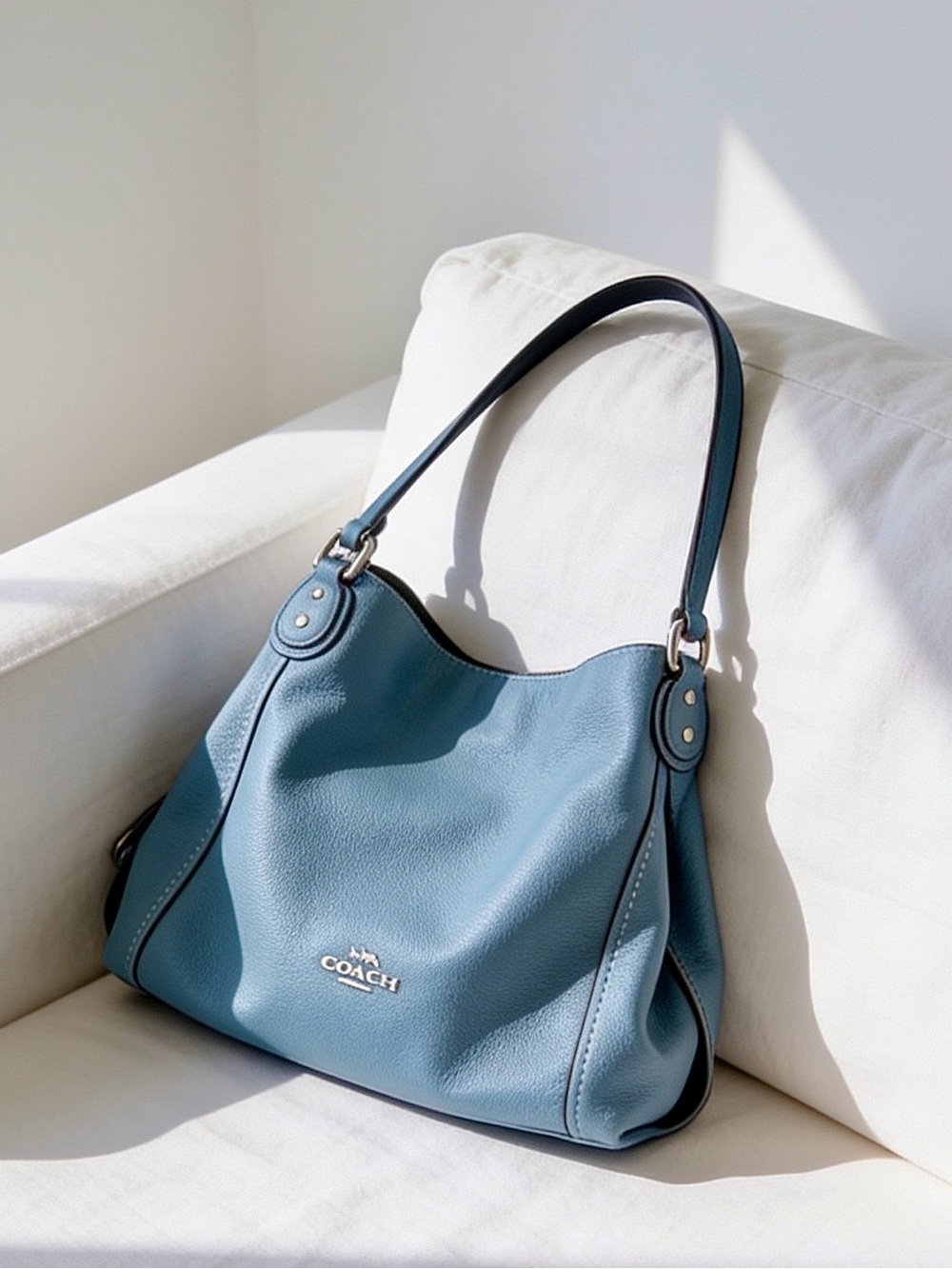 Coach Lori Pebbled Leather Shoulder Bag Hobo Blue Teal Large Tote Purse